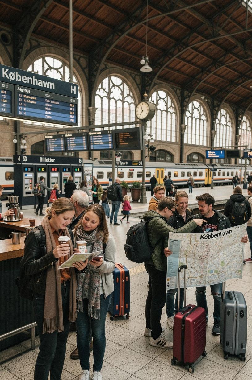 Informationsskærm på station, der viser effektive togafgange og forbindelser uden behov for bil.