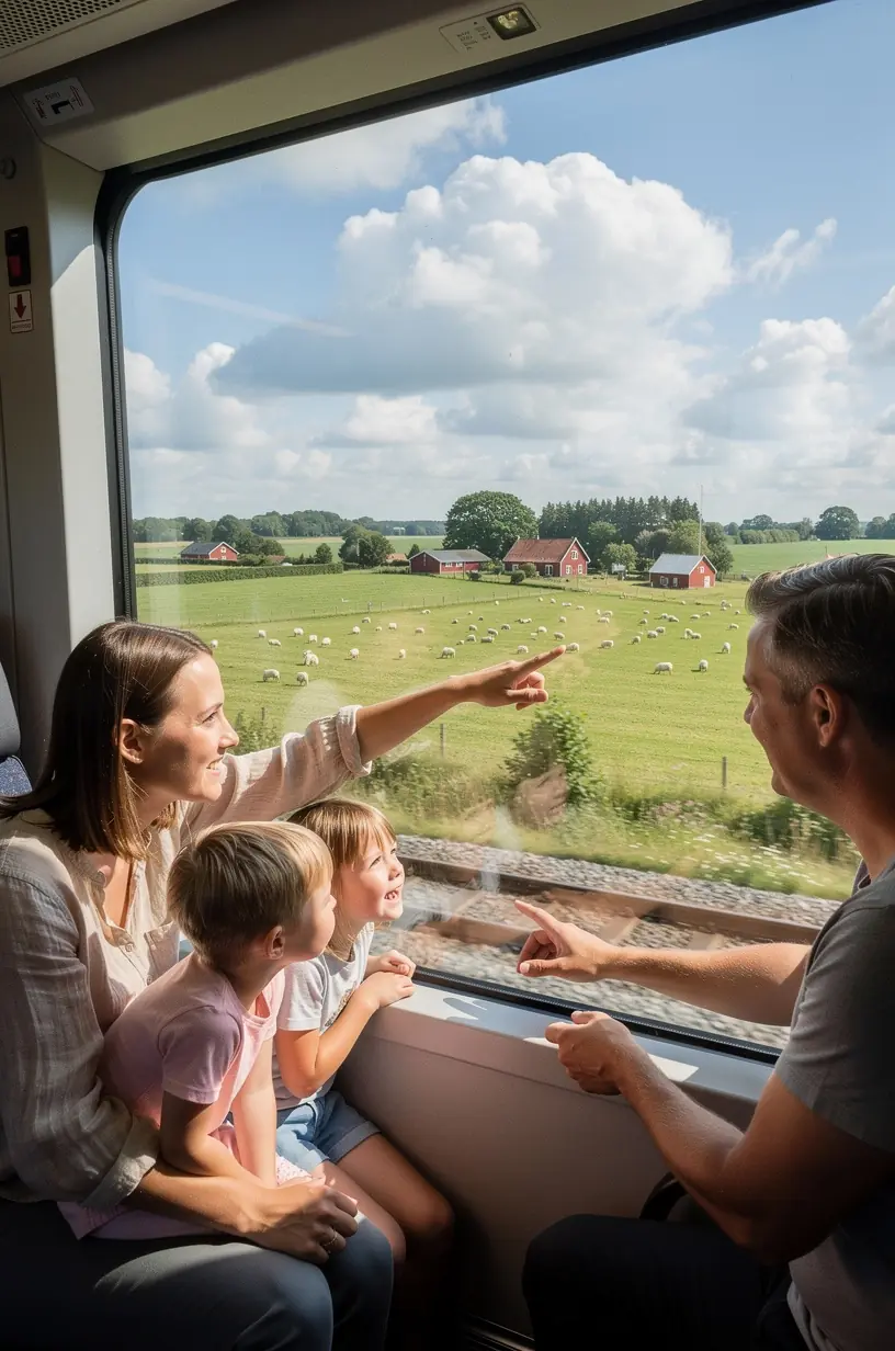 Kortillustration af Danmark med markerede togforbindelser mellem større byer og regionale destinationer.