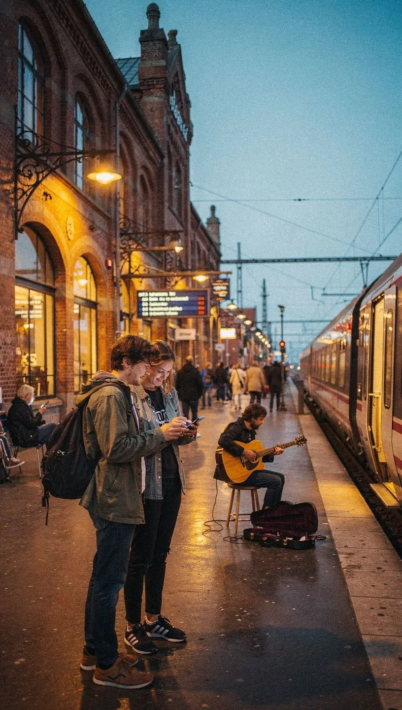 Rejsende, der går trygt og nemt mellem togskinner og perroner på en velorganiseret station.